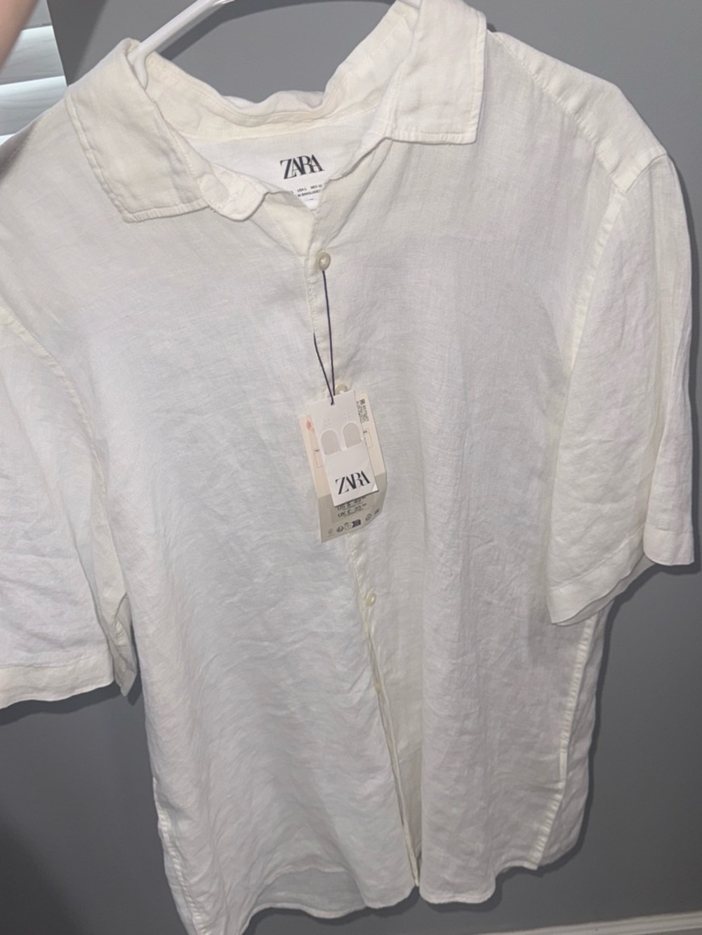 Zara Men's White Short-Sleeve Linen Button-Down Shirt
